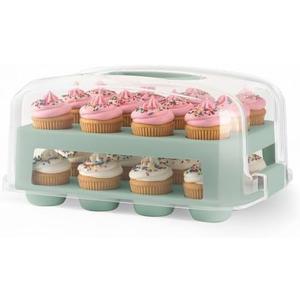 EXTRA TALL DOME 24 Cupcake Carrier, Green Cupcake Holder Carries 24 Cupcake Storage Container, Muffin Traveler Two Tier Stand Reusable Cupcake Box