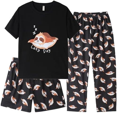 Hupohoi Kids Girls Pajama Sets Summer Short Sleeve With Shorts And Pants 3PCS Sleepwear Cute Cartoon Loungewear Size 12/M