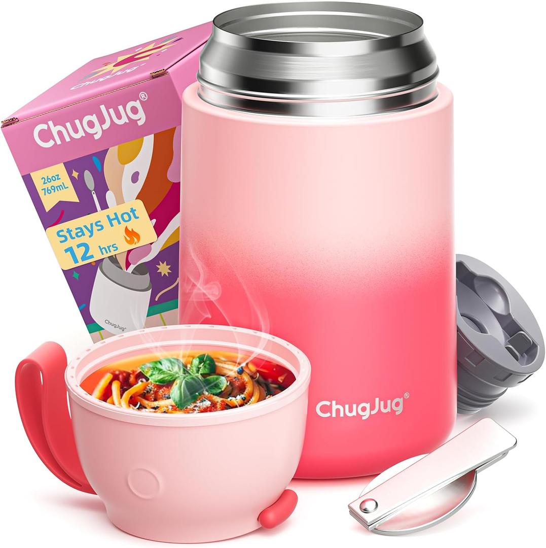 Thermo for Hot Food for Adults Kids | Wide Mouth, 26 oz Insulated Food Jar with Spoon, Leakproof Soup Thermo for School Office Travel, Thermal Steel Lunch Container Easy to Carry (Pink) (26 Fluid Ounces, Strawberry Milkshake)