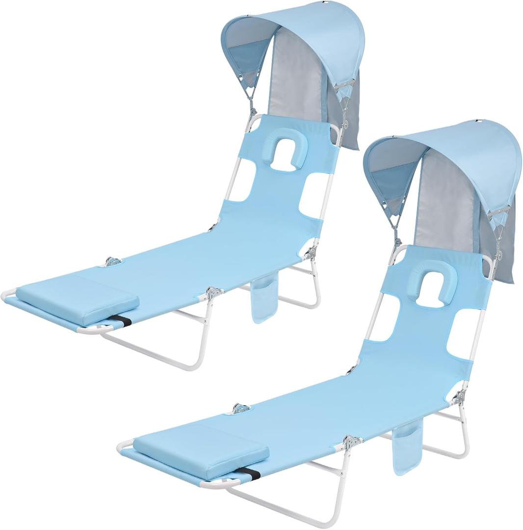 Backpack Beach Tanning Chair with Canopy Sun Shade & Face Hole, 6 Position Folding Lounge Sun Chair for Adults Outside Reading Sunbathing Poolside Camping Lawn, UPF 50+, 2 Pack, Patented (Baby Blue)