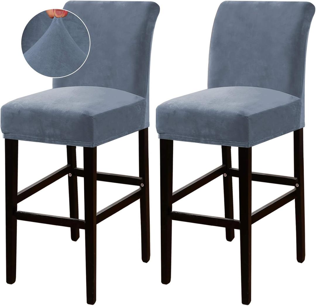 Turquoize Bar Stool Covers 2 Pack Bar Stool Covers with Backs Barstool Covers Velvet Bar Stool Seat Covers Slipcover Pub Counter Stool High Back Chair Covers, Thick Soft Modern Style, Stone Blue, 2