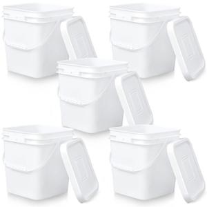 Mumufy 5 Pcs 3.5 Gallon Square Food Grade Bucket with Lid Square Bucket Pail with Plastic Handles for Storing Dry Food, Charcoal, Camping, Fishing (White)