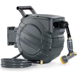 GLAHODEN Retractable Garden Hose Reel 1/2 in x 100 ft, 2025 Upgraded Dual Ratchet Lock UV & Freeze Protection Brass Seal Slow Retraction Anti-Tangle Hose 180Swivel Reinforced Scaffold Wall Mount (Dark Gray)