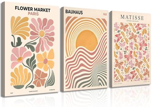 BBQCBA 3pcs Boho Flower Market Canvas Wall Art Abstract Line Wall Decor Pictures Pink Beige Butterfly Posters Prints for Bedroom Living Room Home Office Home Decoration