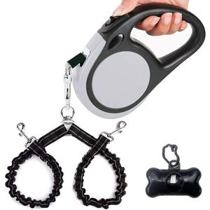Dual Retractable Dog Leash for Walking 2 Small Dogs(Up to 44 Lbs Each) - Double Headed 16ft Extendable Pet Leash with Poop Bags, Non Slip Grip, One Button Control, 360 Tangle-Free (Gray, Medium)