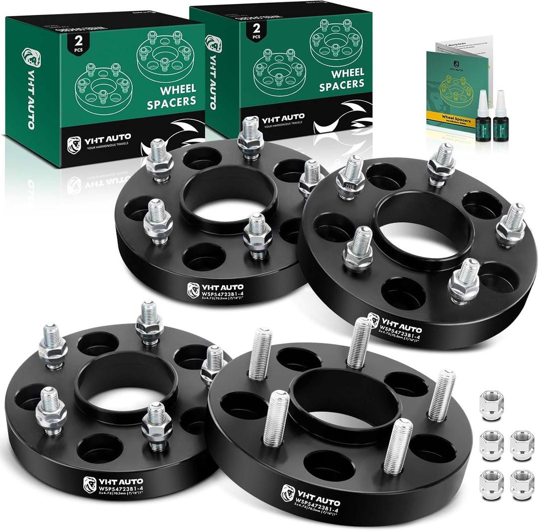 YHTAUTO 5x4.75 Wheel Spacers 1 Inch Compatible with Buick, Chevy, Oldsmobile Models, Apollo, Camaro, Tire Spacers w/7/16 Inch & 12.9 Grade Studs, 70.3mm Hub Bore 5 Lug 4PCS Black Wheel Adapter