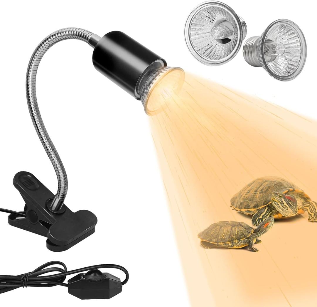 Reptile Heat Lamp with 2 Pcs 50W UVA UVB Light Bulb, 360 Rotatable Basking Spot Light Simulated Sunlight, Dimmable Heating Lamp for Turtle, Lizard, Snake, Beared Dragon, Amphibians