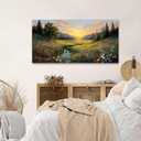 Tarfupth Large Green Landscape Canvas Wall Art for Living Room Sunset Mountain Wildflowers Canvas Prints Nature Scenery Artwork for Bedroom Office Home Decor 20"x40", 20L" x 40W"