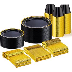 WELLIFE 300 PCS Black and Gold Dinnerware Set for 50 Guests, Disposable Plastic Plates for Party, Gold rimmed Plastic Dinner Plates, Salad Plates, Cups, Silverware Set for Party Supplies