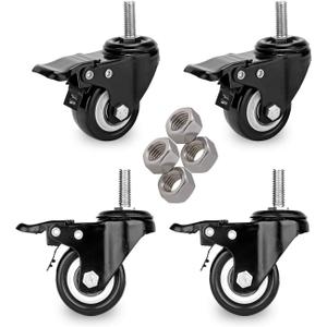 2" Stem Caster Wheels with Safety Dual Locking 600Lbs Heavy Duty Threaded Stem Casters No Noise Swivel Castors with Brakes 3/8"- 16 x 1 (Set of 4)