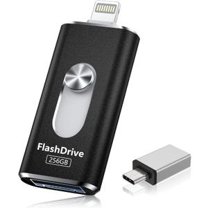 MFi Certified 256GB USB Flash Drives - 4 in 1 USB C Flash Drive, High Speed USB Stick External Storage for iPhone/iPad/Android/PC/More Devices for Photos Transfer and Data Storage (Black)