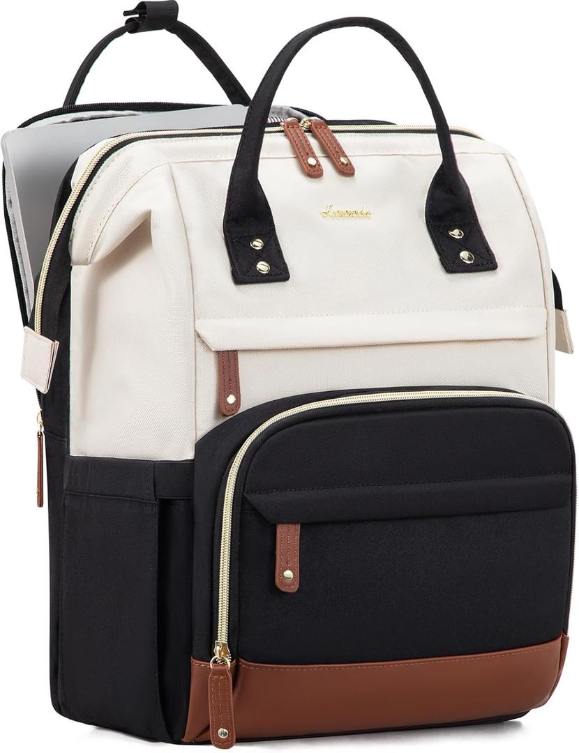 LOVEVOOK Laptop Backpack for Women, 15.6 Inch Work Business Backpacks Purse With Large Capacity, Waterproof Nurse Bag College Bookbag for School, Waterproof Casual Daypack for Travel (Beige-black)