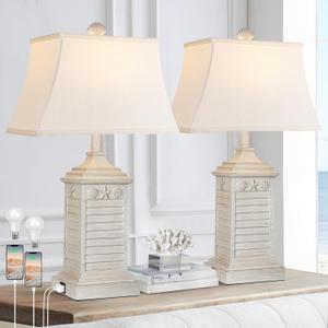 Hamucd Coastal Table Lamps Set of 2, Beach Living Lamps for Bedroom with USB A+C, Washed White Modern Resin LED 3-Color Temperature Bedside Nautical Decor, Nightstand Tropical Lamps for End Table.