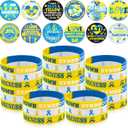 60 Pcs Down Syndrome Accessories Bulk Include 30 Blue Yellow Ribbon Awareness Silicone Bracelets and 30 Ehlers Danlos Syndrome EDS Special Education Badges Button Pins for Social Charity Event