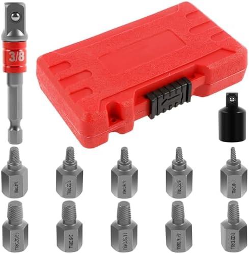 12Pcs Hex Bolt Extractor Steel Easy Out Damaged Screw Remover Tool Kit with 3/8inch Hex Adapter Bolts Extractor Kit for Broken Rounded Bolts with Sturdy Case