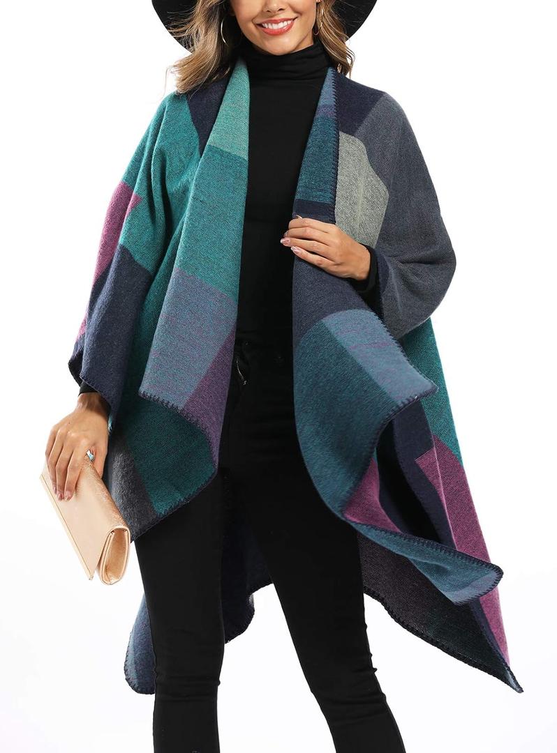 Epsion Women's Color Block Shawl Wrap Plus Size Cardigan Poncho Cape Open Front Long Winter Sweater Coat
