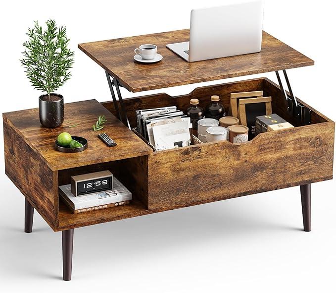 OLIXIS Wood Lift Top Coffee Table with Hidden Compartment and Large Storage Shelf, Lift Tabletop Dining Center Table for Home Living Room Office, Rustic