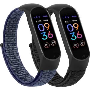 Wanme Nylon Bands for Amazfit Band 5 Replacement Strap Women Men, 2 Pack Soft Nylon Sport Strap Compatible with Amazfit Band 5 Wristband Watchband Accessories (Black+Dark Blue)