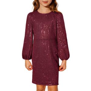 GRACE KARIN Girls Sparkly Sequin Formal Dress Long Sleeve Bodycon Fancy Party Dress (10 Years, Burgundy)