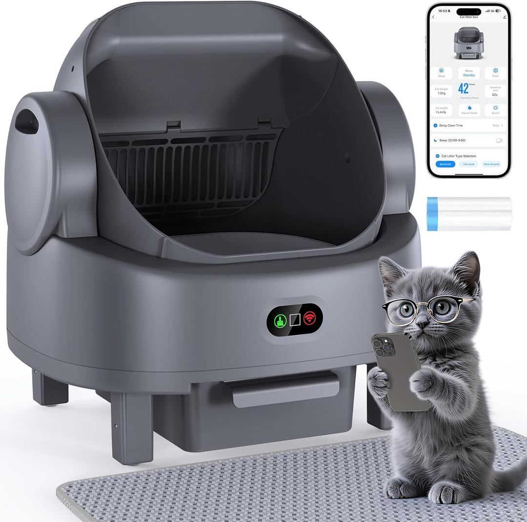 Automatic Cat Litter Box, Electric Large Open-Top Self Cleaning Litter Box for Multiple Cats, Smart APP Control, Multiple Safety Sensors, 1 Rolls Bags & 1 Mat, Arenero para Gatos Autolimpiable (Grey)