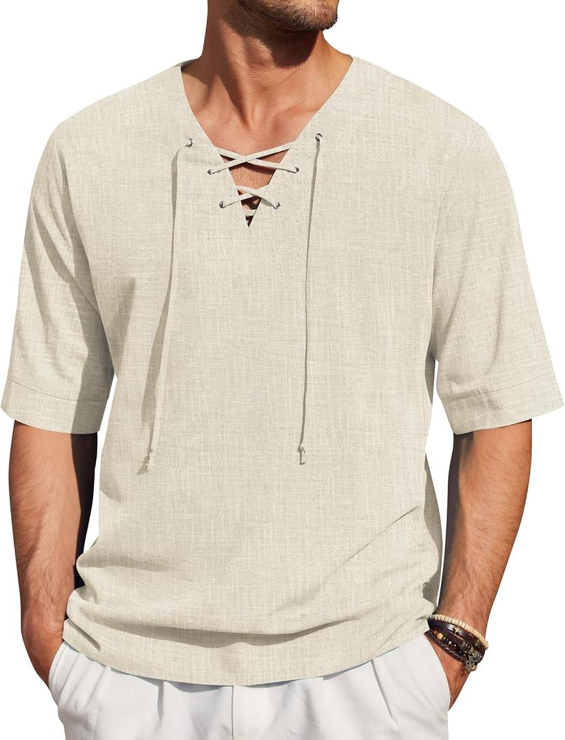 COOFANDY Men Linen Cotton Shirt Beach Lace Up V Neck Shirts Hippie Viking Meditation Tunic (X-Large, Beige)