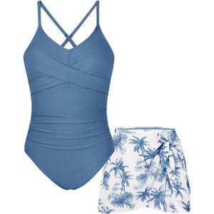 Girls One Piece Swimsuit with Cover Up Spaghetti Strap Cutout Ruched Bathing Suit Criss Cross Straps Swimwear (Blue, 13-4Y)