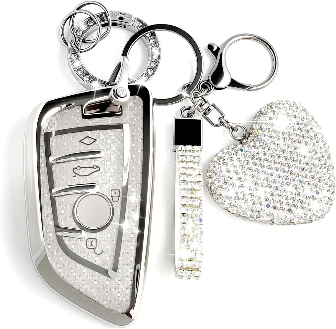 Key Fob Cover, Compatible with BMW 2 5 6 7 Series X1 X2 X3 X5 X6 GT Series, Sparkling TPU Key Case for Women