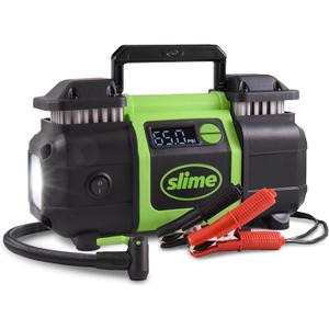 Slime 40083 Tire Inflator, Super Duty Pro Power, Battery Connection, Dual Piston, with Digital 0-99 psi Gauge, Long Hose and LED Light, Alligator Clips, 2 min Inflation