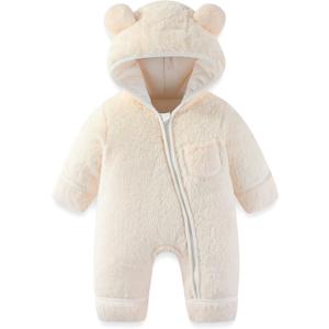 Newborn Baby Bear Outfit With Fold-Over Mittens and Footies Girls Boys Winter Fleece Clothes Hooded Romper Snowsuit (0-3 Months, Thickened-white)