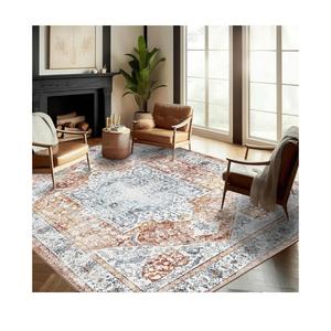 Area Rug 9x12 Washable Tangerine Vintage Traditional Mat Distressed Indoor Foldable Thin Retro Accent Floral Non Slip Carpet for Living Room Dining Room Office