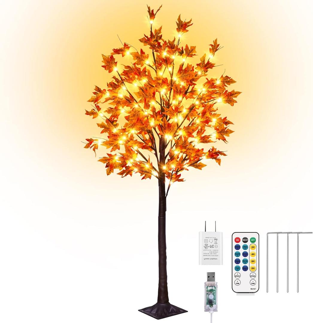 FastDeng 5Ft Fall Maple Tree Light Thanksgiving Decorations, 90 LED Warm White Dimmable Timing Artificial Fall Tree with 8 Flashing Modes for Home Indoor Outdoor Autumn Thanksgiving Harvest Decor