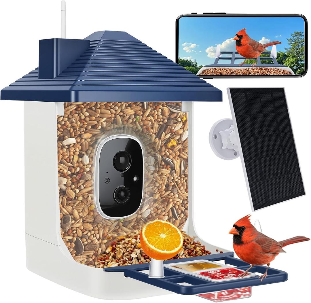 Smart Bird Feeder with Camera,AI Identify Species,Bird House with Solar Powered,Instant Arrival Alerts,2K HD Capture Video Live View,Gift for Birds Lover (Indigo Blue)