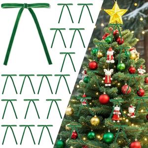 Spiritlele 30 Pcs Green Christmas Bows for Christmas Tree Velvet Ribbon Bow Knot Vintage Wreath Bows Ornaments for Xmas Holiday Home Decoration (5 x 7 Inch, Width of 3/8")
