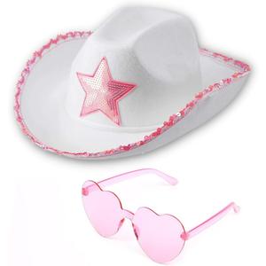 Funcredible Cowboy Hat and Glasses - Preppy Cowgirl Hat with Star - Sparkly Cowboy Hat