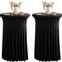 Dimatic 2 Pack Black High Top Cocktail Tablecloth Stretch Cocktail Table Cloth with Skirt Fitted 32 inch Round Spandex Table Cloths for Party Wedding Banquet Birthday
