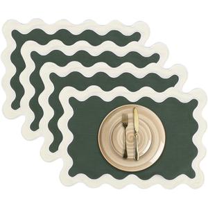 Set of 4 Cotton Linen Placemats, 13''x 19'' Wavy Embroidery Scalloped Placemats Washable Rustic Dinner Waterproof Table Mats (emerald Green)