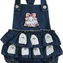 Newborn Baby Girl Halloween Outfit Pumpkin/Ghost Print Sleeveless Denim Romper Ruffled Overalls Cute Fall Clothes (3-6 Months)