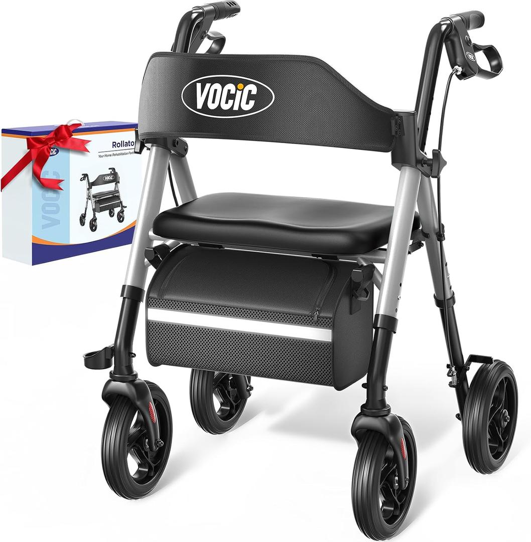 Walkers for Seniors, Z21 Rollator Walker with Seat Supports 350lb, 8" Big Wheels for All Terrain, Ergonomic Arc Seat & 6" Ultra Backrest Foldable Walker, Dual Height Adjustment, Lightweight 2025 (Shiny Silver)
