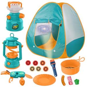 Qtioucp Kids Camping Set Pop Up Play Tent & Space Projector Flashlight- Outdoor Campfire Toy for Toddlers Kids - Pretend Play Camp Gear Tools for Birthday Christmas