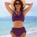 Blooming Jelly Womens High Waisted Bikini Sets Drawstring Tummy Control Swimsuits Crisscross Tie Back Bathing Suit (Purple, M)
