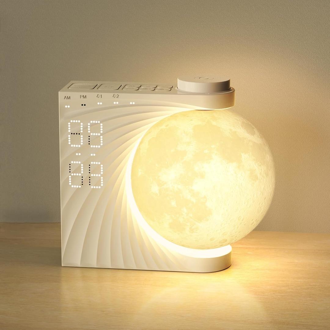 Sunrise Alarm Clock for Bedrooms, Moon Lamp Wake-Up Light with Night Lamp & Colourful Light Mode - 10 Sleep Nature Sounds & Dual Alarms for Heavy Sleepers, 30/60/90 Timer with Snooze Function