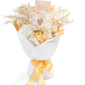 TINGE TIME Preserved Flowers Bouquet, Platinum Faux Rose Bouquets, Eternal Roses Bouquet for Wedding, Table Centerpieces, Mothers Day, Birthday Gifts, Anniversary, Graduation(White & Gold)