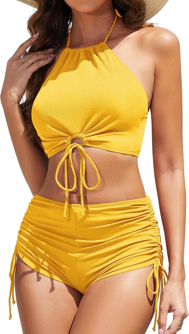 Women High Waisted Shorts Bikini Sets Tummy Control Swimsuit Two Piece Halter Drawstring Bathing Suit (Medium, Yellow)