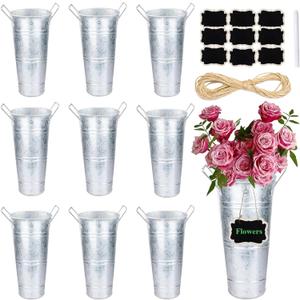10 Set Galvanized Flower Buckets Farmhouse Flower Vases Metal Vases for Flowers Rustic Flower Bucket with Small Chalkboard Label Metal Flower Buckets for Flowers Wedding Table Centerpieces (10inch (Silver)