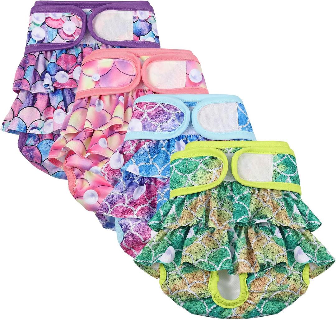4 Pack Dog Diapers Female Washable Dog Diapers Reusable Puppy Diapers Highly Absorbent Comfortable Doggy Diapers for Dogs in Heat or Excitable Urination (L, Mermaid)