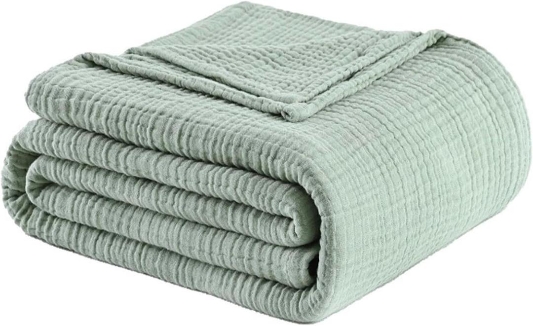 100% Cotton Muslin Blanket Throw 108'x90', Lightweight Breathable Summer Throw Blanket for Sofa, Couch, Bed, All-Season Use, Sage Green