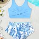 Girls Swimsuits Size 10-12 Girls Bathing Suits Size 10-12 Tropical Print Criss Cross Bikini Set with Ruffle Hem Bathing Suits for Girls 10-12 Two Piece Light Blue