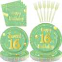 96 Pcs Happy 16th Birthday Party Decoration Sage Green and Gold Plates and Napkins Sage Green 16th Birthday Tableware Set for Boy Girl 16 Years Party Supplies, Serves 24