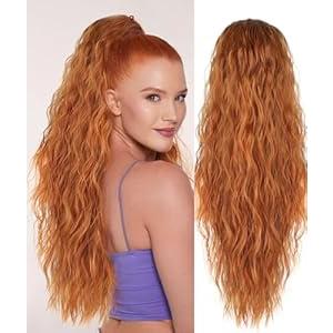 Rosooi 26 Inch Long Black Drawstring Ponytail Extension for Women Synthetic Long Curly Wavy Clip in Ponytail Hair Extensions for Daily Party Use (26 Inch, Copper Red)