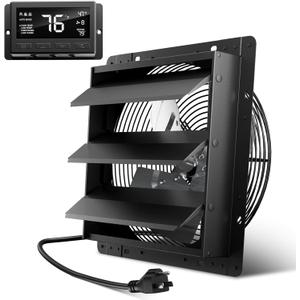 Hon&Guan Shutter Exhaust Fan, 12-Inch Wall Mount Attic Fan with Temperature Humidity Controller, 10-Speed Adjustable, 971 CFM, for Ventilation and Cooling in Greenhouses, Garages, Chicken Coops